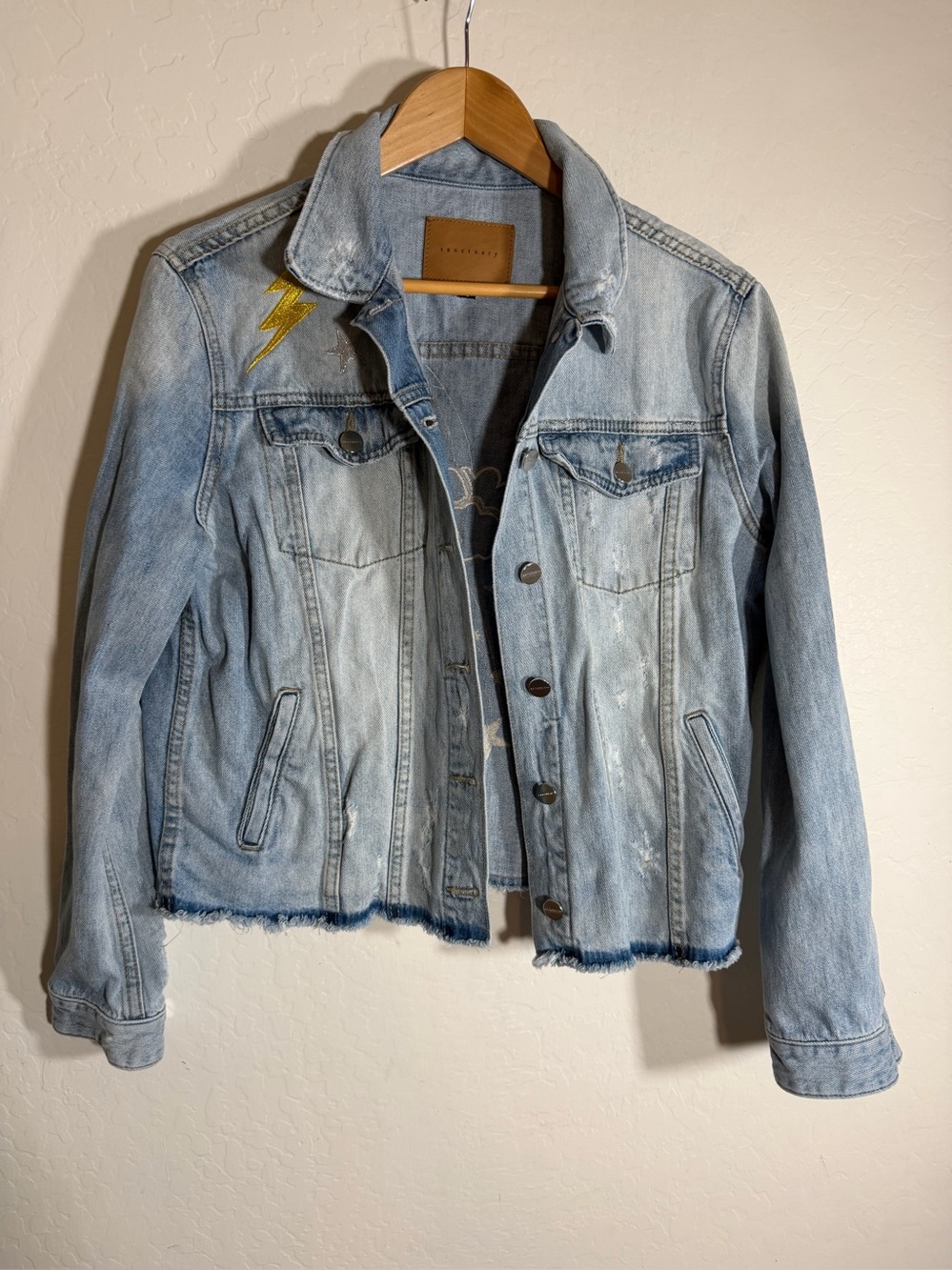 Sanctuary Celestial Embroidered Denim Jacket Sequin Star Moon Lightning Raw Hem